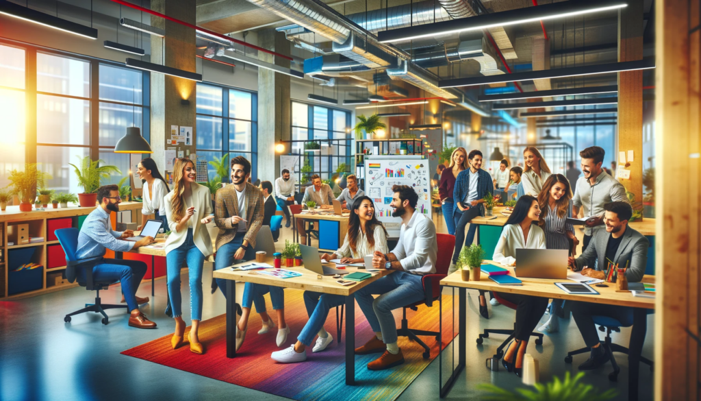 Lively and vibrant office scene at a marketing agency. This scene showcases a diverse group of people happily collaborating in a modern and colorful environment, engaging in various activities typical of a dynamic workplace.