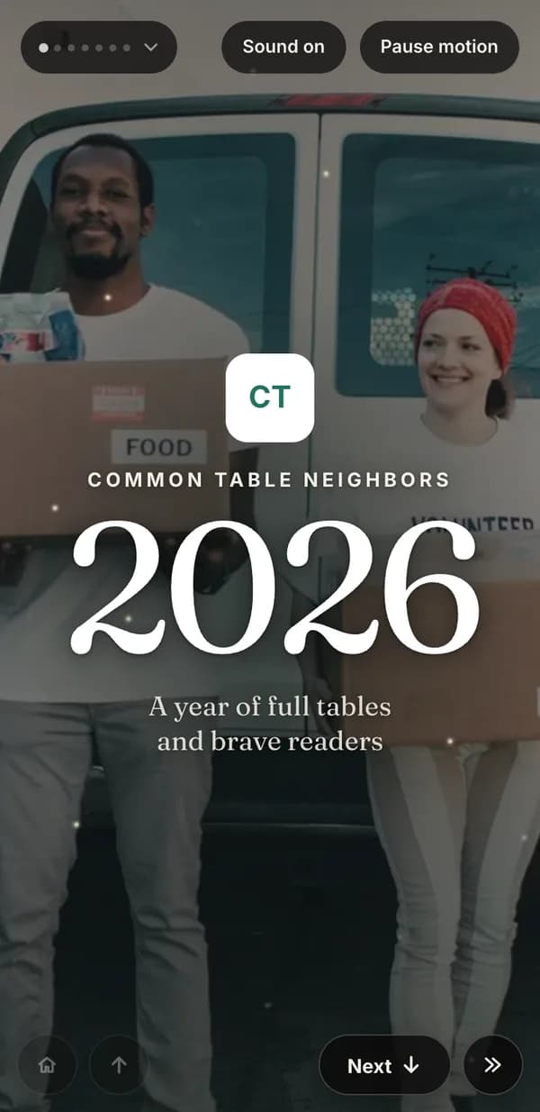 The sample impact report on a phone: Common Table Neighbors, 2026, a year of full tables and brave readers