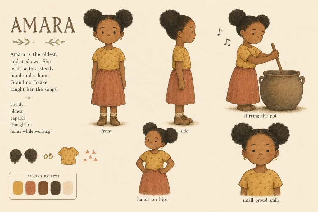 Amara character sheet: calm leadership, mustard and terracotta palette