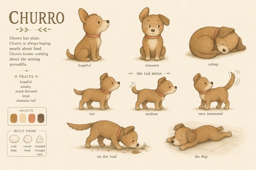 Churro character sheet: hopeful dog with one flopped ear and tail meter poses