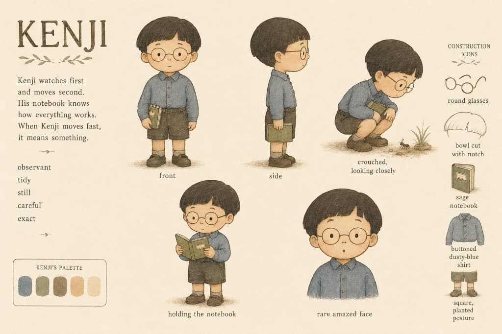 Kenji character sheet: observation, round glasses and sage notebook