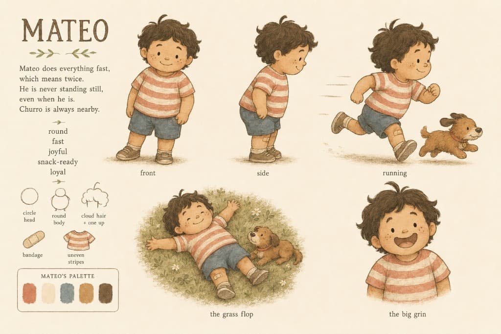 Mateo character sheet: joyful motion, coral stripes and dusty blue shorts