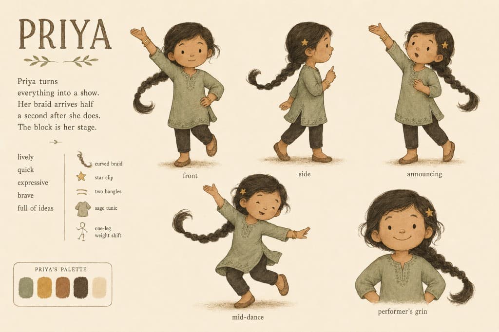 Priya character sheet: energy and ideas, sage tunic and star hair clip