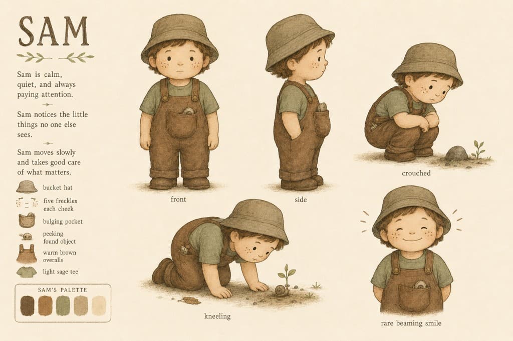 Sam character sheet: quiet attention, bucket hat and warm brown overalls