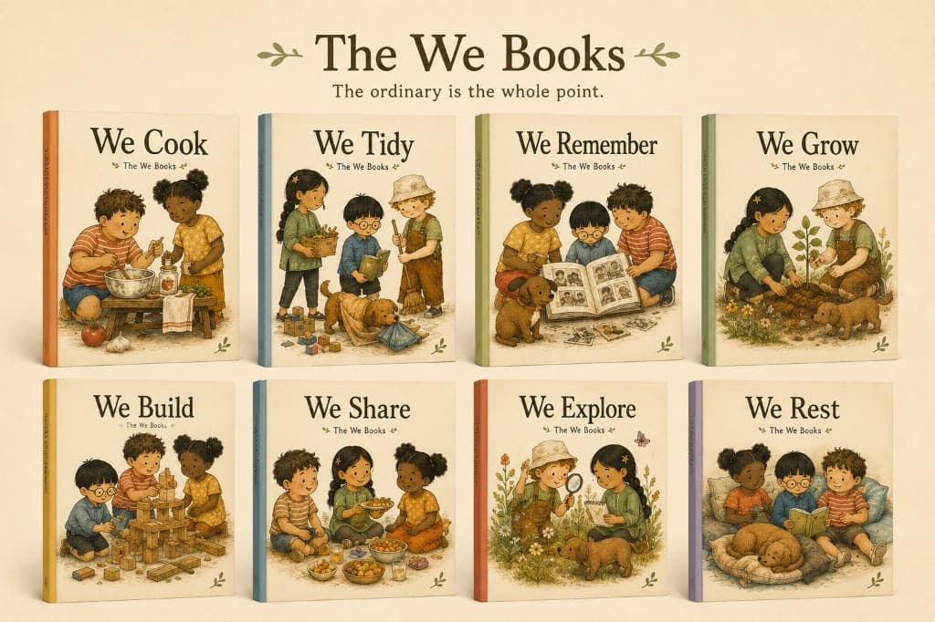 The We Books series — eight picture books: We Cook, We Tidy, We Remember, We Grow, We Build, We Share, We Explore, and We Rest