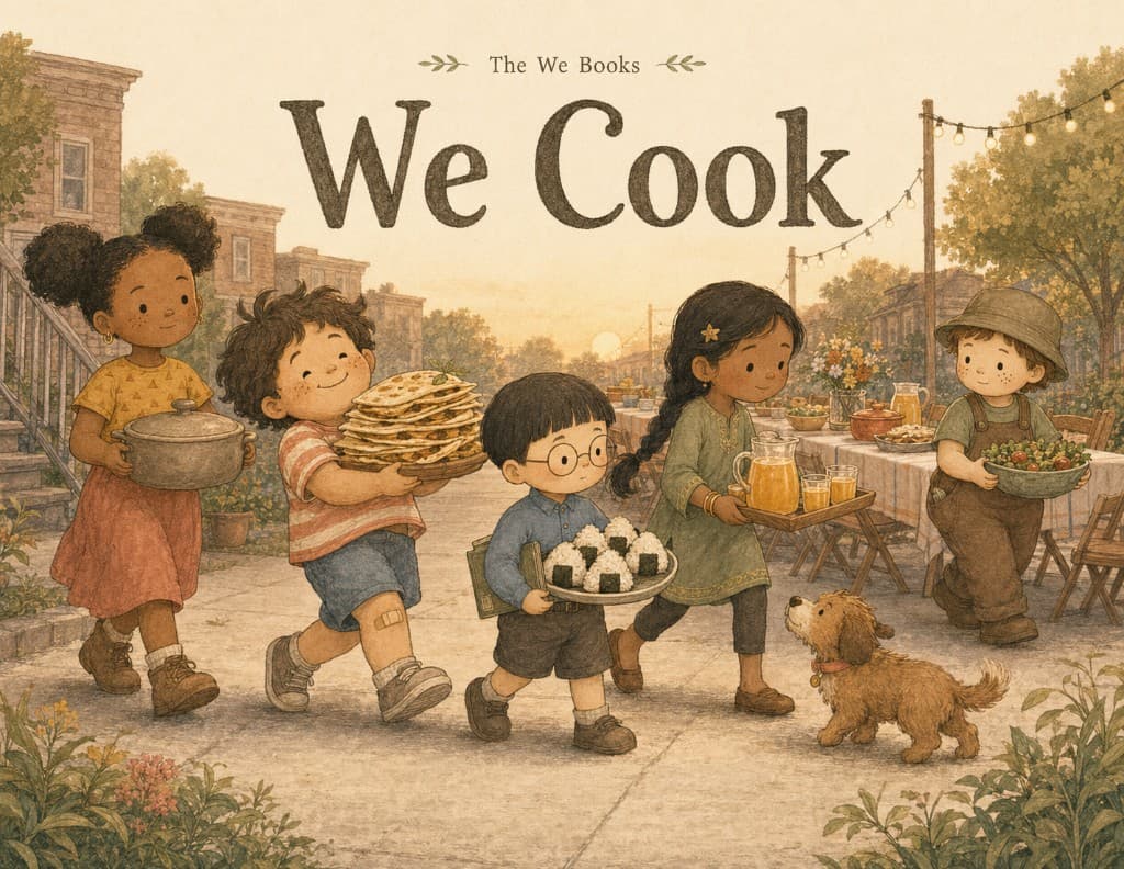 We Cook book cover: five kids and Churro the dog carrying food to a block party