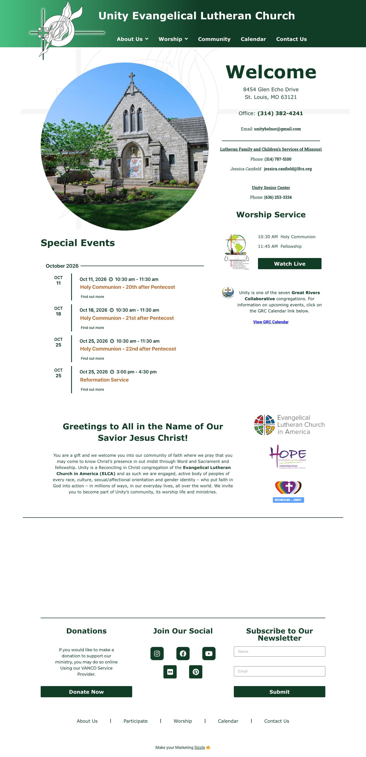 Unity Evangelical Lutheran Church full website design