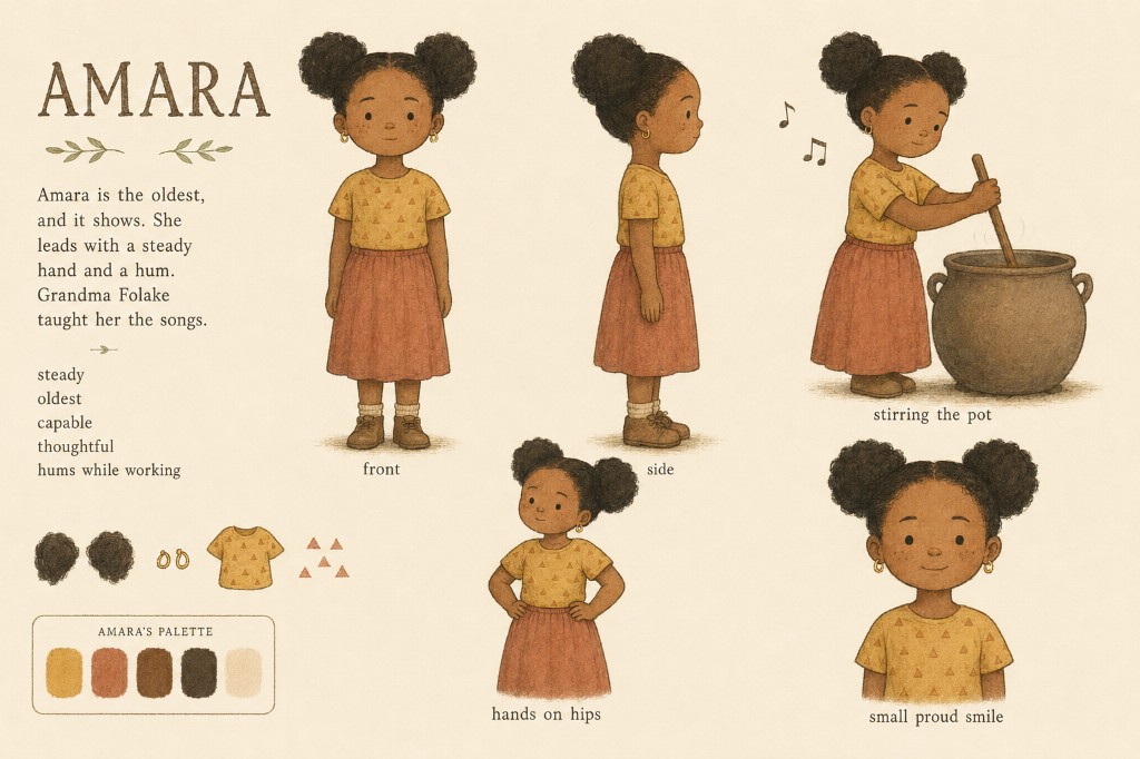 Amara character sheet: calm leadership, mustard and terracotta palette