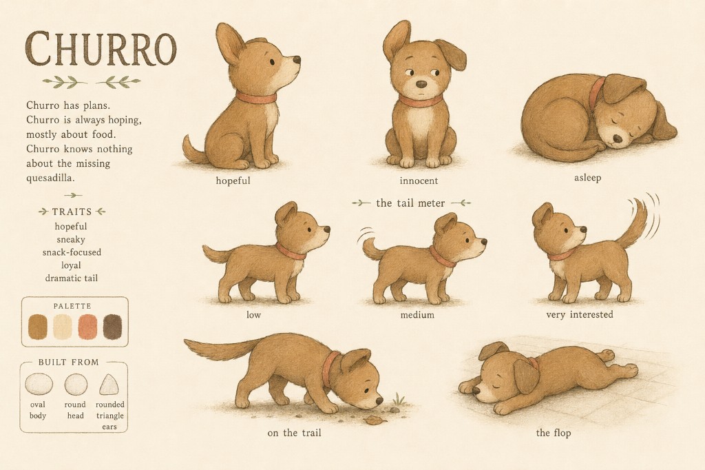 Churro character sheet: hopeful dog with one flopped ear and tail meter poses