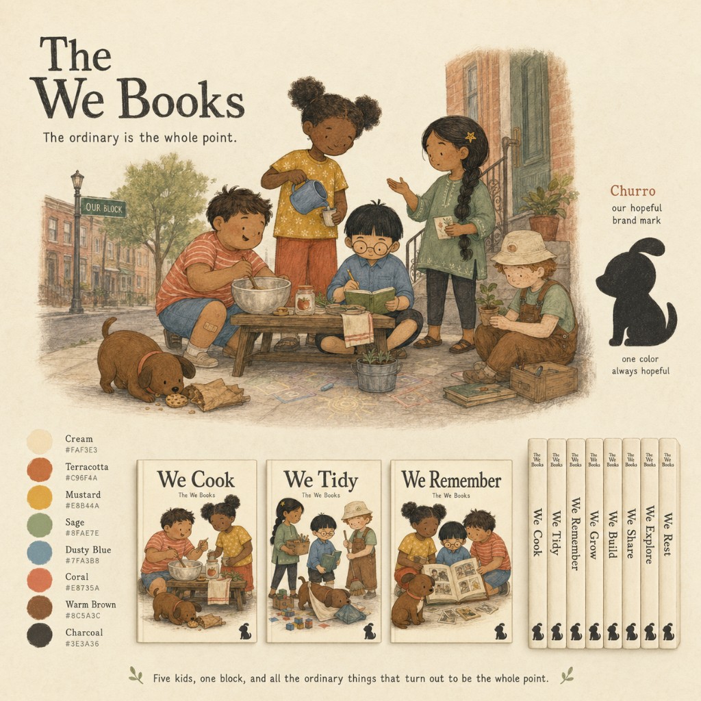 The We Books series overview with characters on the block, color palette, and book spines